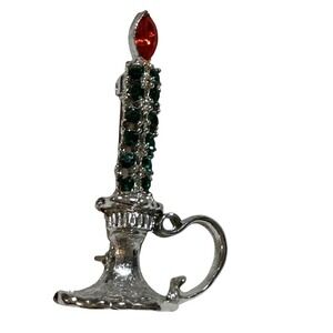 Vintage Christmas Candle Brooch Red Green Rhinestone Silver Tone Holiday Pin